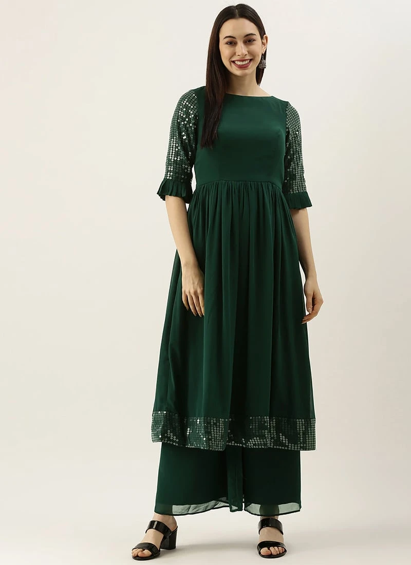 Green Sequin Embroidered N Green Georgette Kurta Set Festive Wear 5 Green Sequin Embroidered N Green Georgette Kurta Set Festive Wear - Image 3