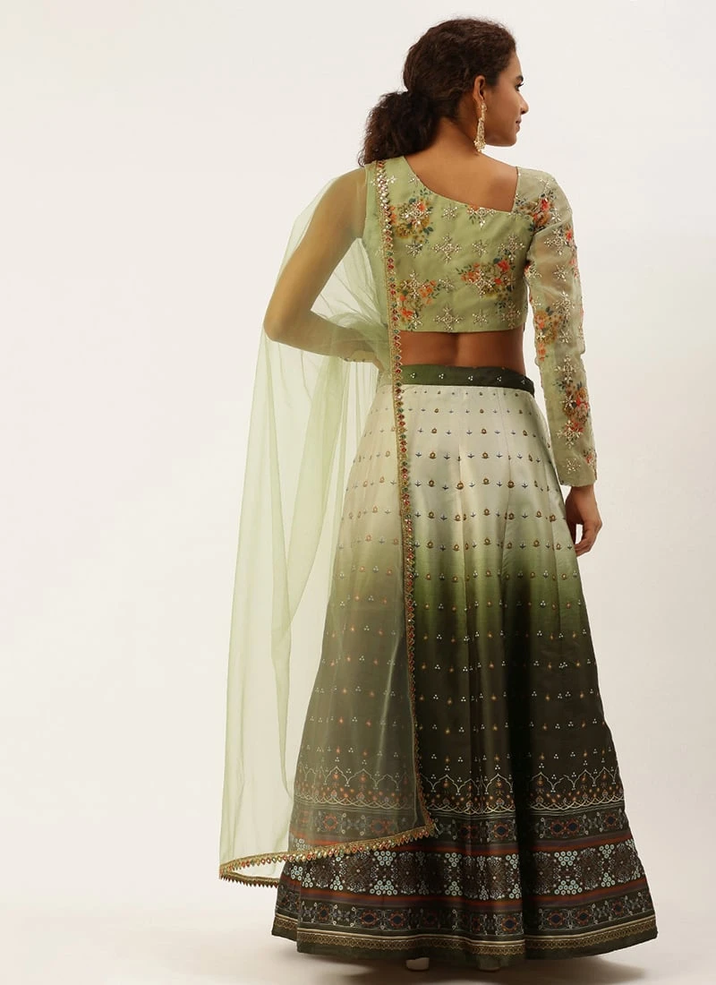 Green Taffeta Digital Print Kali Lehenga Set Wedding Wear 6 Green Taffeta Digital Print Kali Lehenga Set Wedding Wear - Image 4