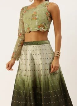 Green Taffeta Digital Print Kali Lehenga Set Wedding Wear