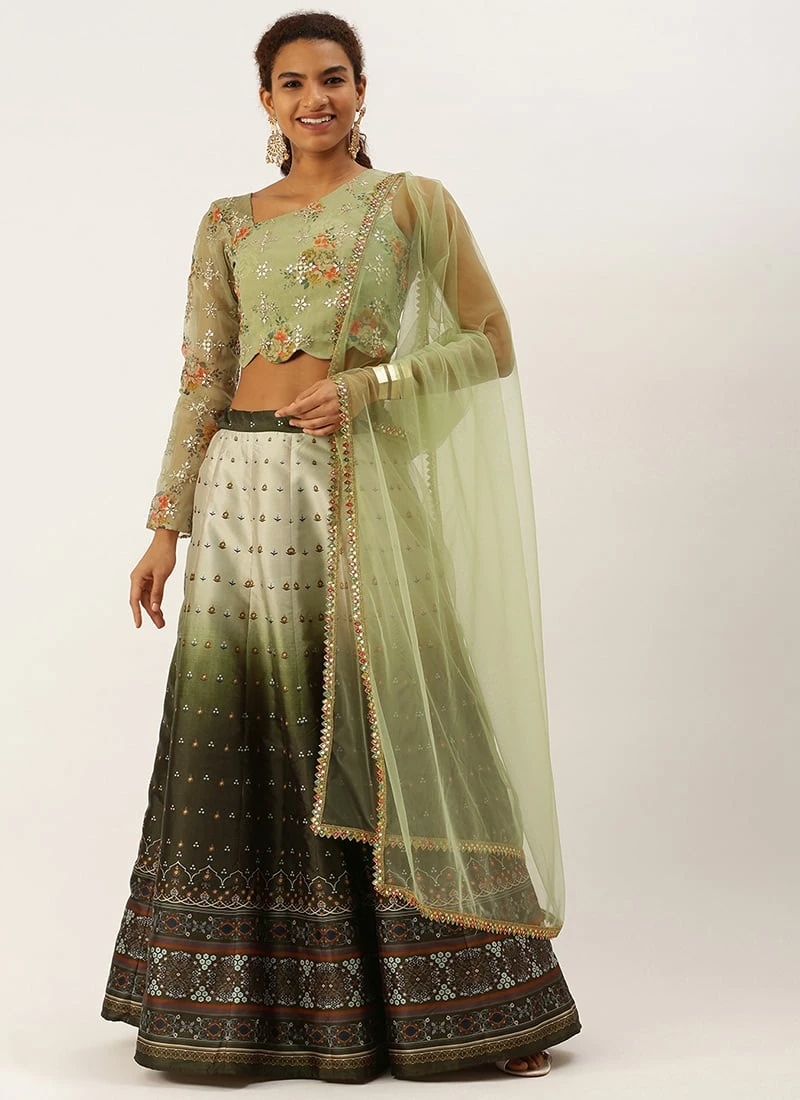 Green Taffeta Digital Print Kali Lehenga Set Wedding Wear 5 Green Taffeta Digital Print Kali Lehenga Set Wedding Wear - Image 3