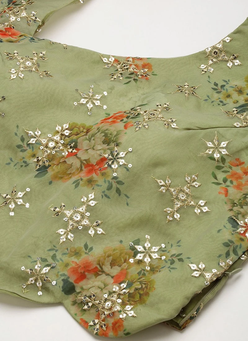 Green Taffeta Digital Print Kali Lehenga Set Wedding Wear 7 Green Taffeta Digital Print Kali Lehenga Set Wedding Wear - Image 5