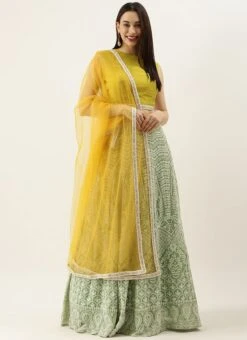 Green Viscose N Yellow Blended Cotton Kali Lehenga Festive Wear -ZariGrace Shop Green Viscose N Yellow Blended Cotton Kali Lehenga GHBS02104310 u