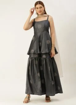 Dupatta From Grey Art Silk Foil Print Gharara Set After Six Wear -ZariGrace Shop Grey Art Silk Foil Print Gharara Set SLBS02301113 u