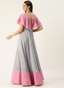 Grey Art Silk N Pink Chinon Zero Shoulder Style Gown Party Wear -ZariGrace Shop Grey Art Silk N Pink Chinon Zero Shoulder Style Gown IWBS02304029 b