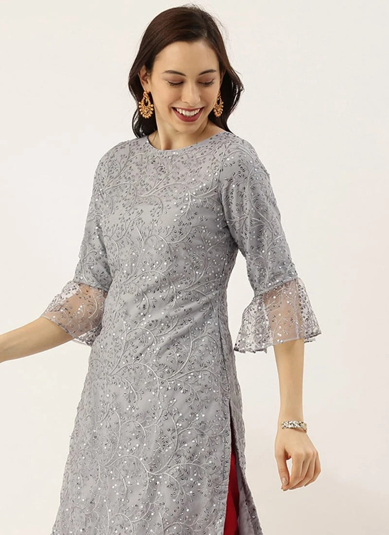 Grey Embroidered Boat Neck Kurti Party Wear 6 Grey Embroidered Boat Neck Kurti Party Wear - Image 4