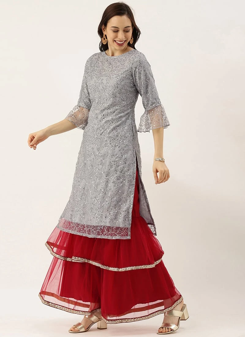 Grey Embroidered Boat Neck Kurti Party Wear 5 Grey Embroidered Boat Neck Kurti Party Wear - Image 3