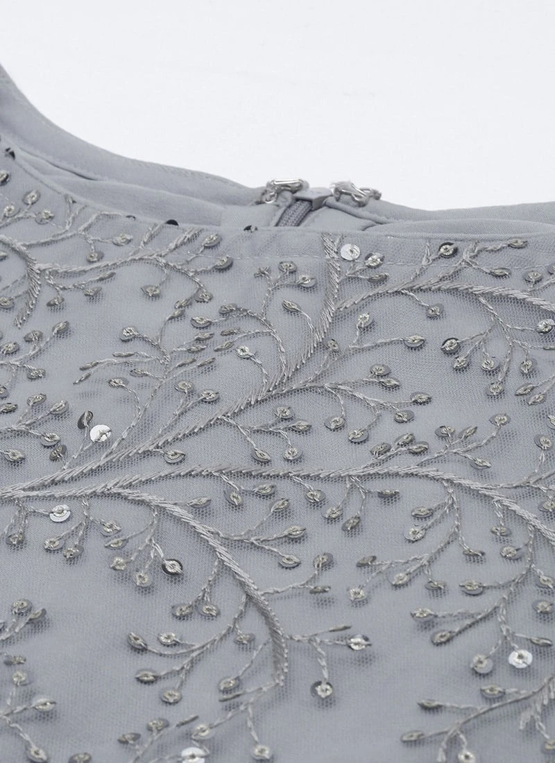 Grey Embroidered Boat Neck Kurti Party Wear 9 Grey Embroidered Boat Neck Kurti Party Wear - Image 7