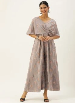 Grey Embroidered French Crepe Jumpsuit Festive Wear -ZariGrace Shop Grey Embroidered French Crepe Jumpsuit DRBS02302300 u