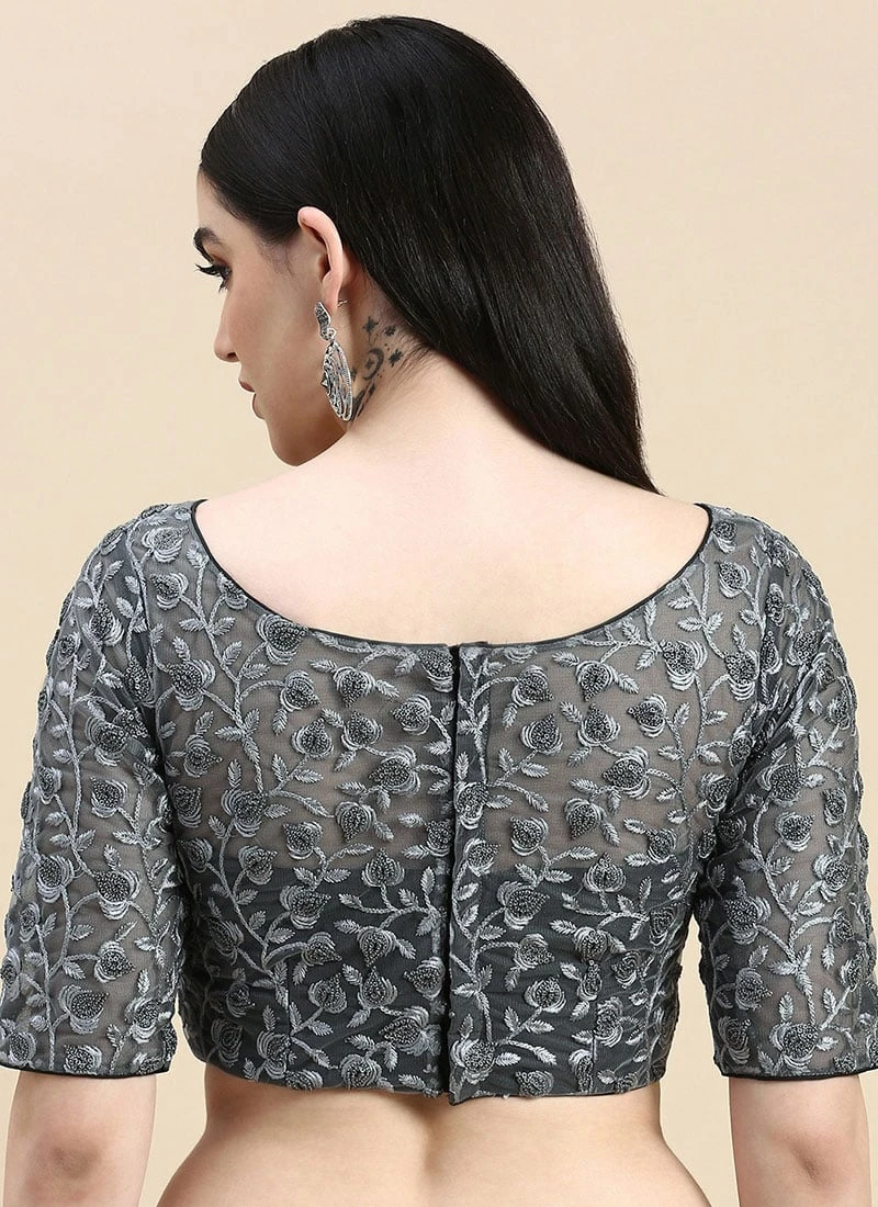 Grey Embroidered Net Blouse Party Wear 6 Grey Embroidered Net Blouse Party Wear - Image 4