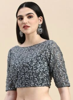 Grey Embroidered Net Blouse Party Wear Festive Wear