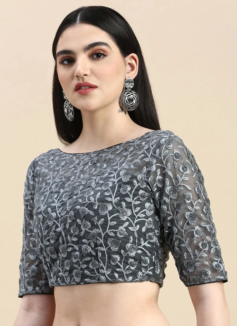 Grey Embroidered Net Blouse Party Wear 3 Grey Embroidered Net Blouse Party Wear