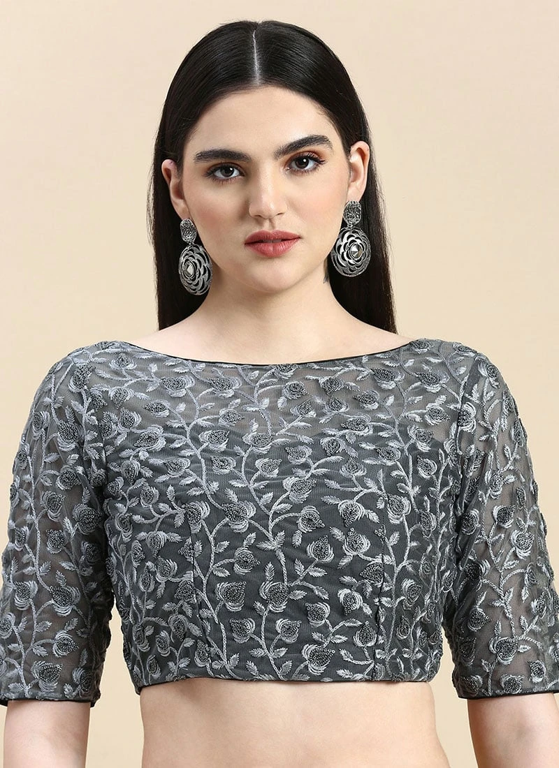 Grey Embroidered Net Blouse Party Wear 5 Grey Embroidered Net Blouse Party Wear - Image 3