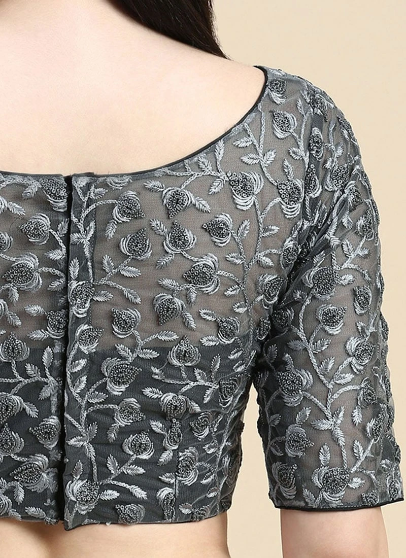 Grey Embroidered Net Blouse Party Wear 10 Grey Embroidered Net Blouse Party Wear - Image 8