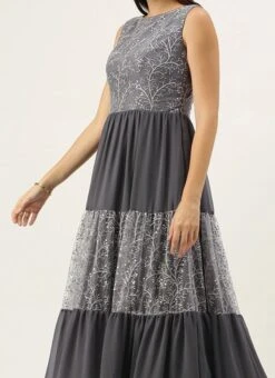Grey Embroidered Net Tiered Gown Festive Wear