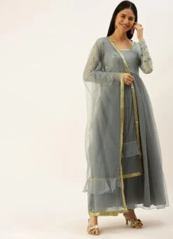 Grey Embroidered Organza Anarkali Suit Festive Wear -ZariGrace Shop Grey Embroidered Organza Anarkali Suit SLBS02205868 u