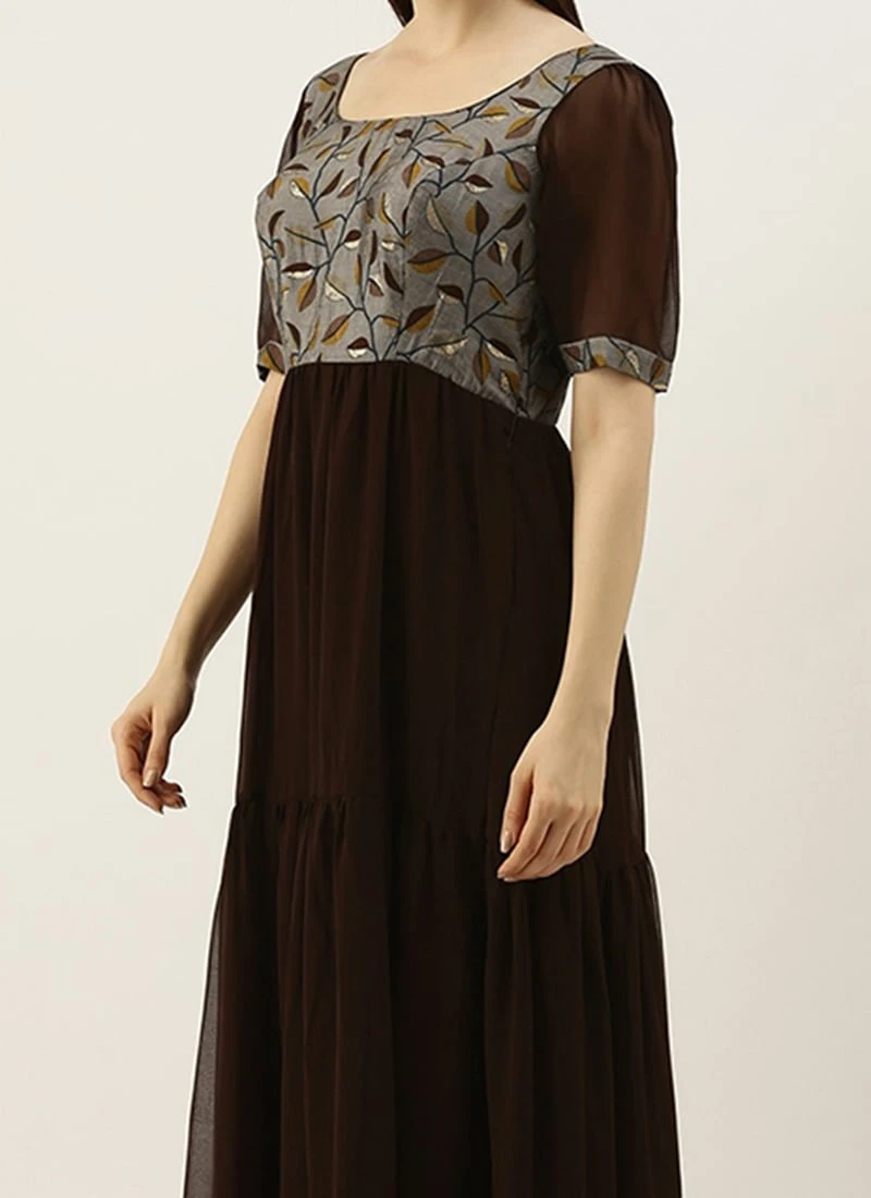 Grey Modal N Brown Geogette Gathers Dress Party Wear 3 Grey Modal N Brown Geogette Gathers Dress Party Wear