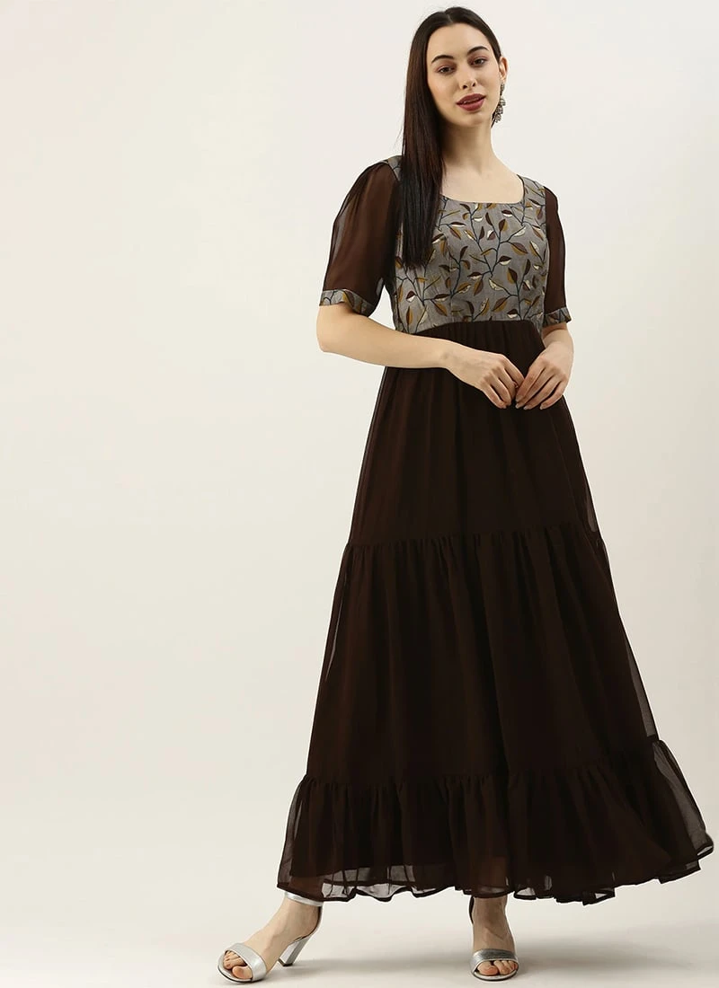 Grey Modal N Brown Geogette Gathers Dress Party Wear 5 Grey Modal N Brown Geogette Gathers Dress Party Wear - Image 3