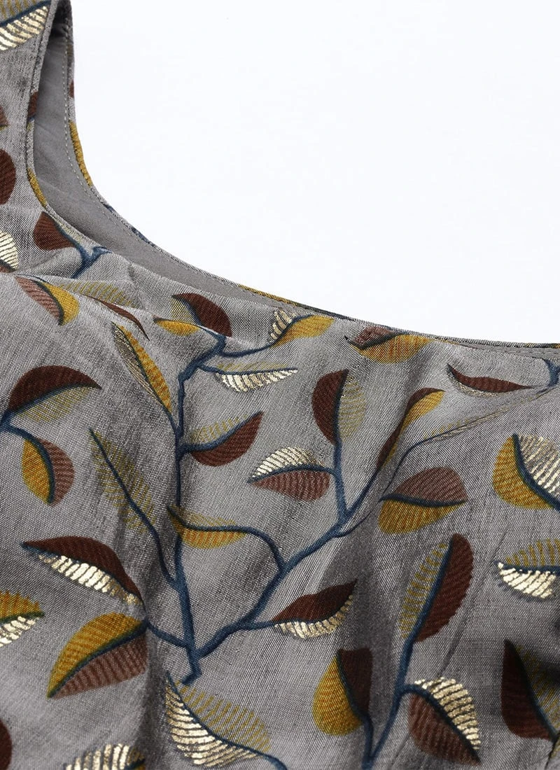 Grey Modal N Brown Geogette Gathers Dress Party Wear 7 Grey Modal N Brown Geogette Gathers Dress Party Wear - Image 5