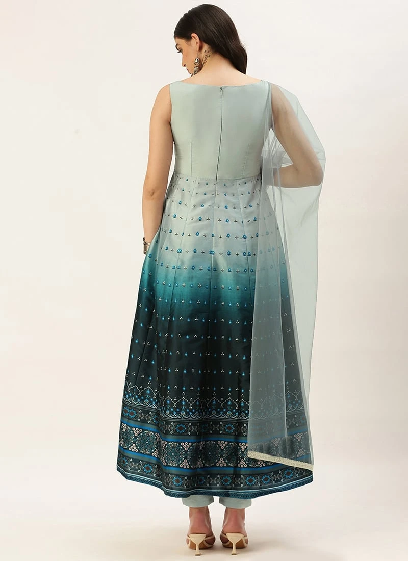 Grey N Blue Taffeta Printed Anarkali Suit Festive Wear 6 Grey N Blue Taffeta Printed Anarkali Suit Festive Wear - Image 4