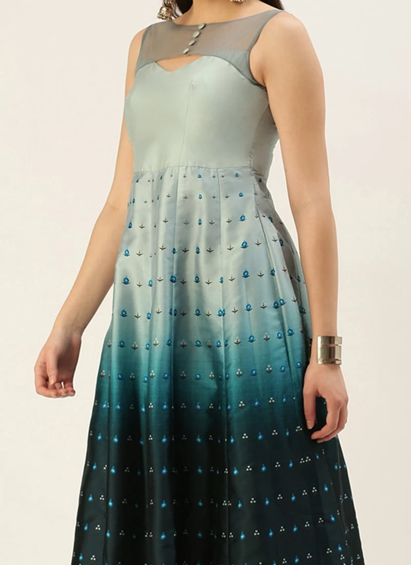 Grey N Blue Taffeta Printed Anarkali Suit Festive Wear 3 Grey N Blue Taffeta Printed Anarkali Suit Festive Wear