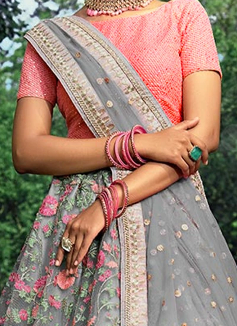 Grey Net Embroidered A Line Lehenga Wedding Wear 3 Grey Net Embroidered A Line Lehenga Wedding Wear