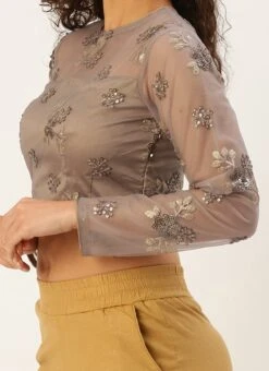 Grey Net Embroidered Blouse Festive Wear