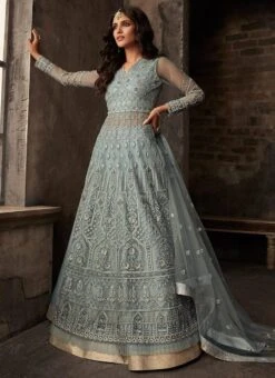 Grey Net Long Choli A Line Lehenga Wedding Wear -ZariGrace Shop Grey Net Long Choli A Line Lehenga GHSCCZL33004 u