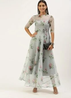 Grey Organza Digital Printed Dress Party Wear -ZariGrace Shop Grey Organza Digital Printed Dress DRBS02307785 u