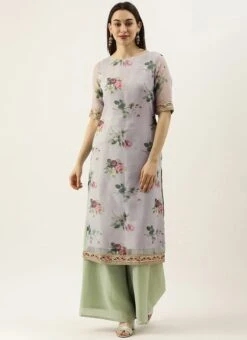 Grey Printed Organza Calf Length Top Festive Wear -ZariGrace Shop Grey Printed Organza Calf Length Top KRBS02307704 u