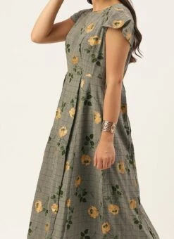 Grey Printed Rayon Calf Length Dress Work Wear