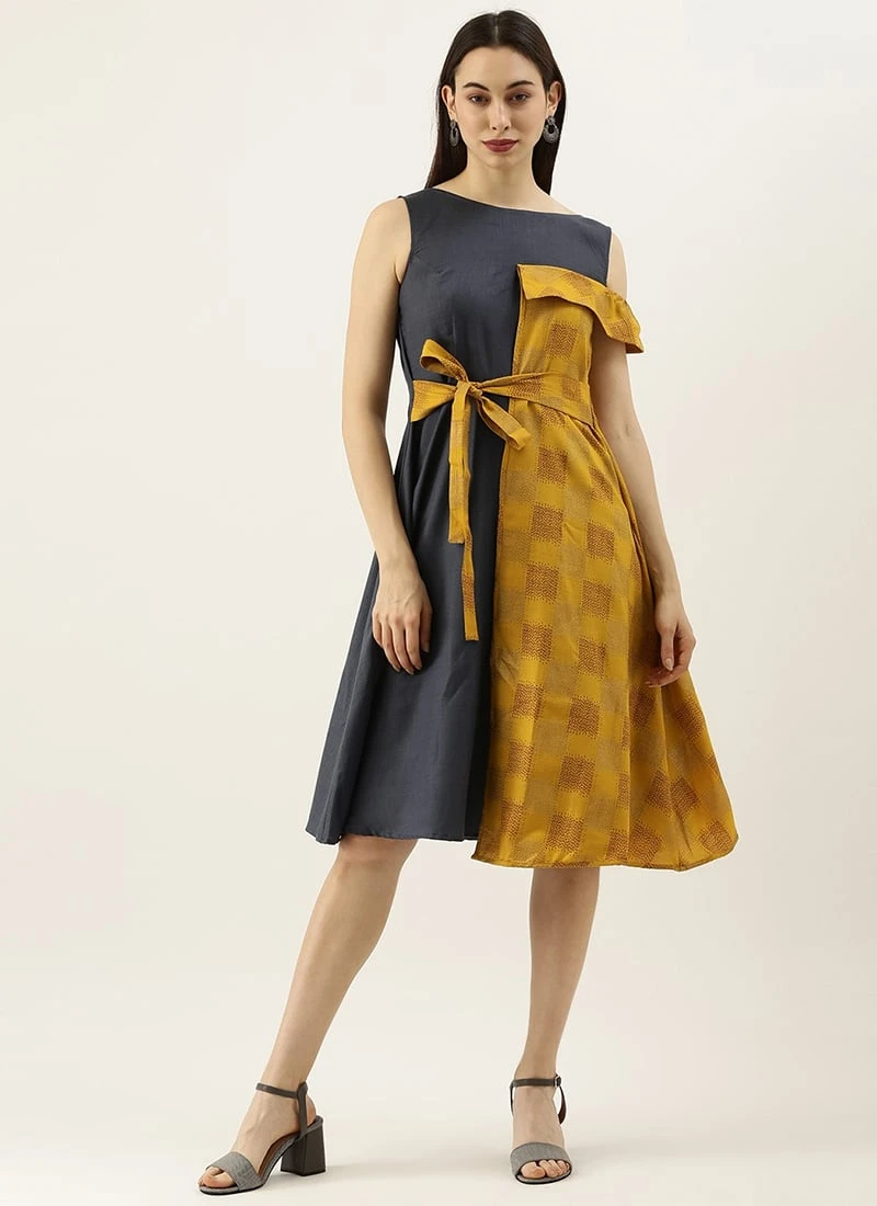 Grey Rayon N Mustard Printed Boat Neck Dress Party Wear 5 Grey Rayon N Mustard Printed Boat Neck Dress Party Wear - Image 3