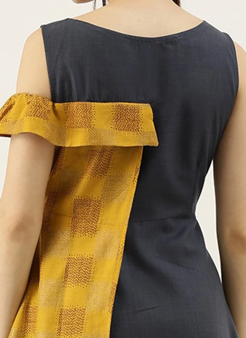 Grey Rayon N Mustard Printed Boat Neck Dress Party Wear 8 Grey Rayon N Mustard Printed Boat Neck Dress Party Wear - Image 6