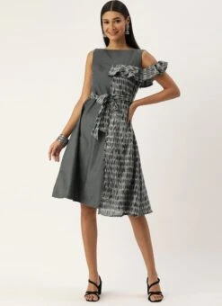 Grey Rayon Printed Boat Neck Dress After Six Wear -ZariGrace Shop Grey Rayon Printed Boat Neck Dress DRBS02107535 u