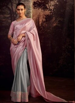 Grey With Pink Faux Crepe Embroidered Half And Half Saree Party Wear -ZariGrace Shop Grey with Pink Faux Crepe Embroidered Half and Half Saree SASLI21375263 u