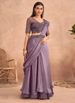 Lavender Chinon Silk Ready Pleated Saree Party Wear 8 Lavender Chinon Silk Ready Pleated Saree Party Wear -ZariGrace Shop Lavender Chinon Silk Ready Pleated Saree SASKA36357301D u