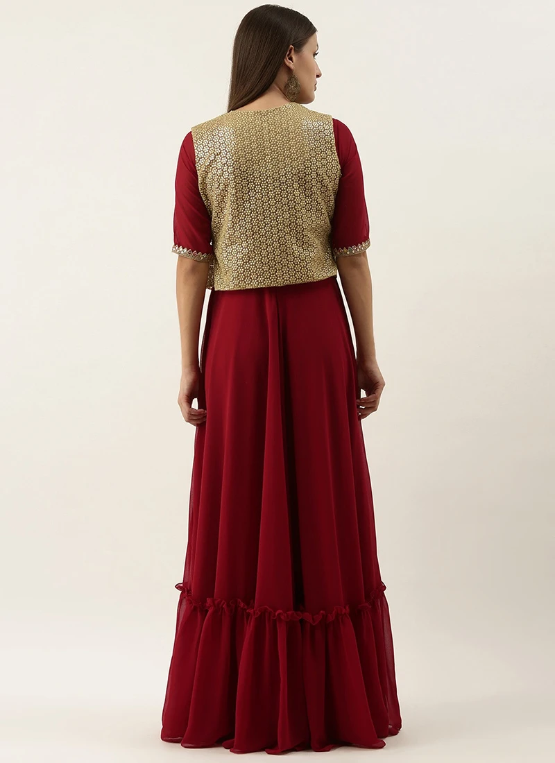 Beige Net N Maroon Jacket Style Gown Festive Wear 6 Beige Net N Maroon Jacket Style Gown Festive Wear - Image 4