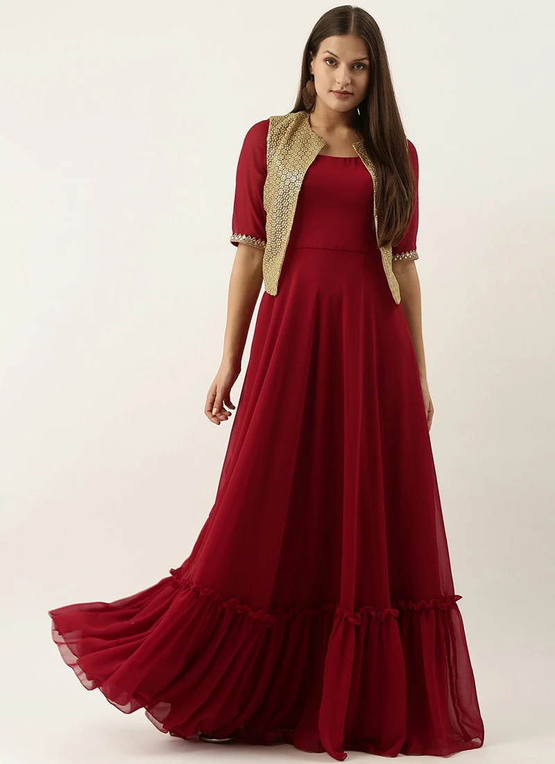 Beige Net N Maroon Jacket Style Gown Festive Wear 5 Beige Net N Maroon Jacket Style Gown Festive Wear - Image 3