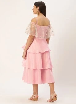 White Embroidered Net N Pink Satin Dress Party Wear -ZariGrace Shop Light Beige Embroidered Net N Pink Satin Dress DRBS02302457 b