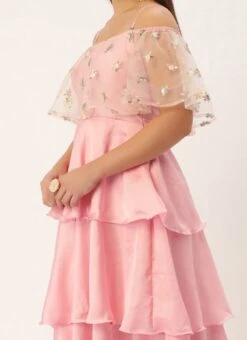 Light Beige Embroidered Net N Pink Satin Dress Party Wear