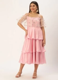 White Embroidered Net N Pink Satin Dress Party Wear -ZariGrace Shop Light Beige Embroidered Net N Pink Satin Dress DRBS02302457 u