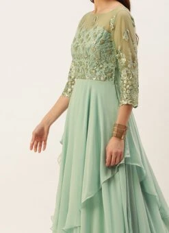 Light Blue Embroidered N Green Layered Gown Wedding Wear