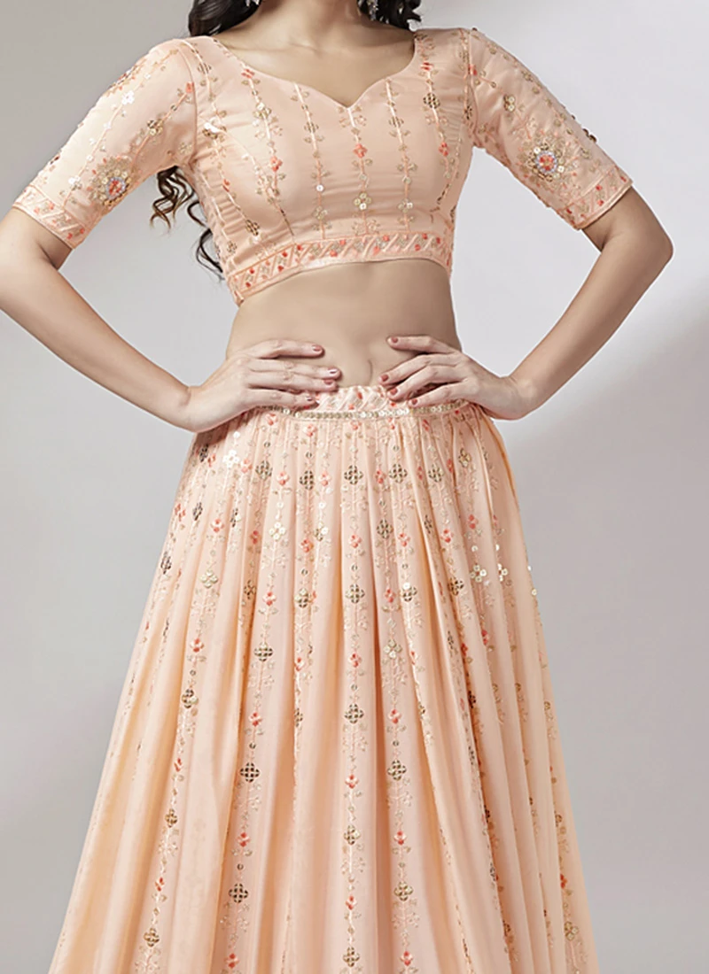 Light Peach Georgette Embroidered A Line Lehenga Party Wear 3 Light Peach Georgette Embroidered A Line Lehenga Party Wear