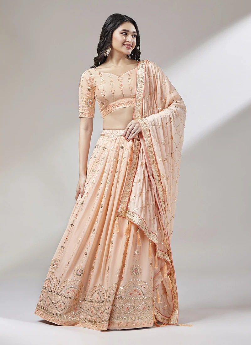 Light Peach Georgette Embroidered A Line Lehenga Party Wear 5 Light Peach Georgette Embroidered A Line Lehenga Party Wear - Image 3