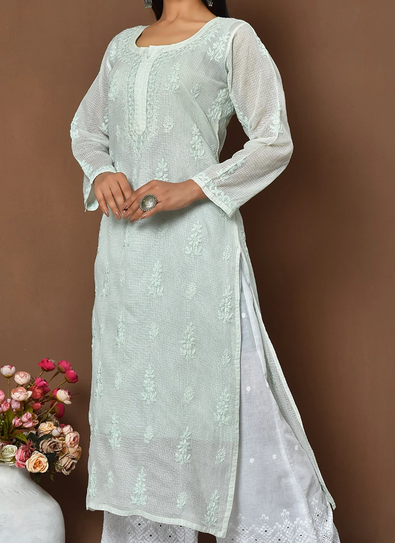 Light Sea Green Chikankari Kota Cotton Palazzo Set Festive Wear 3 Light Sea Green Chikankari Kota Cotton Palazzo Set Festive Wear