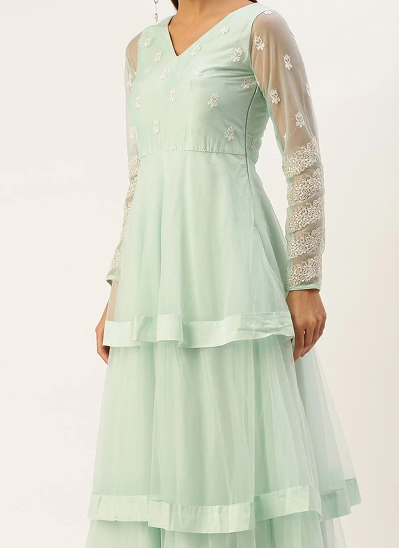 Light Sea Green Net Embroidered Gown Party Wear 3 Light Sea Green Net Embroidered Gown Party Wear