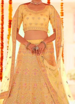 Light Yellow Organza Embroidered N Stones A Line Lehenga Wedding Wear