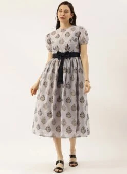 Lilac Hint Chanderi Silk Puff Sleeve Dress Festive Wear -ZariGrace Shop Lilac Hint Chanderi Silk Puff Sleeve Dress DRBS02012713 u