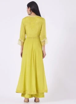 Lime Green Chinon Silk Mirror Work Anarkali Suit Wedding Wear -ZariGrace Shop Lime Green Chinon Silk Mirror Work Anarkali Suit SLDVC163 b