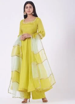 Lime Green Chinon Silk Mirror Work Anarkali Suit Wedding Wear -ZariGrace Shop Lime Green Chinon Silk Mirror Work Anarkali Suit SLDVC163 u