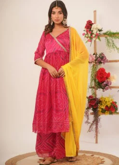 Magenta Silk Bandhini Anarkali Suit Festive Wear -ZariGrace Shop Magenta Silk Bandhini Anarkali Suit SLSJR50022 u